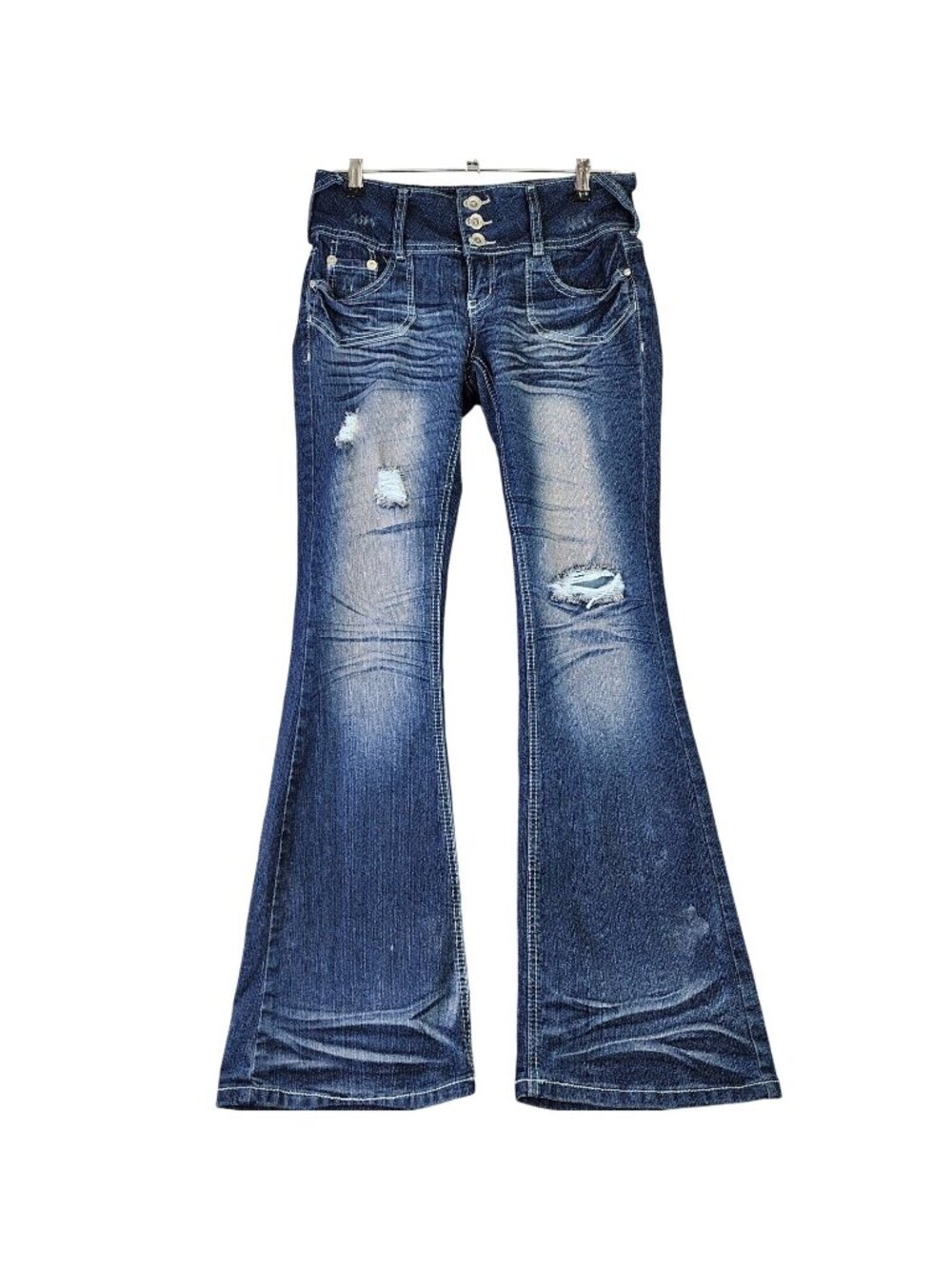 Juniors Y2K Style Premiere Denim Distressed Flared Blue Jeans Low Rise Size 5/6